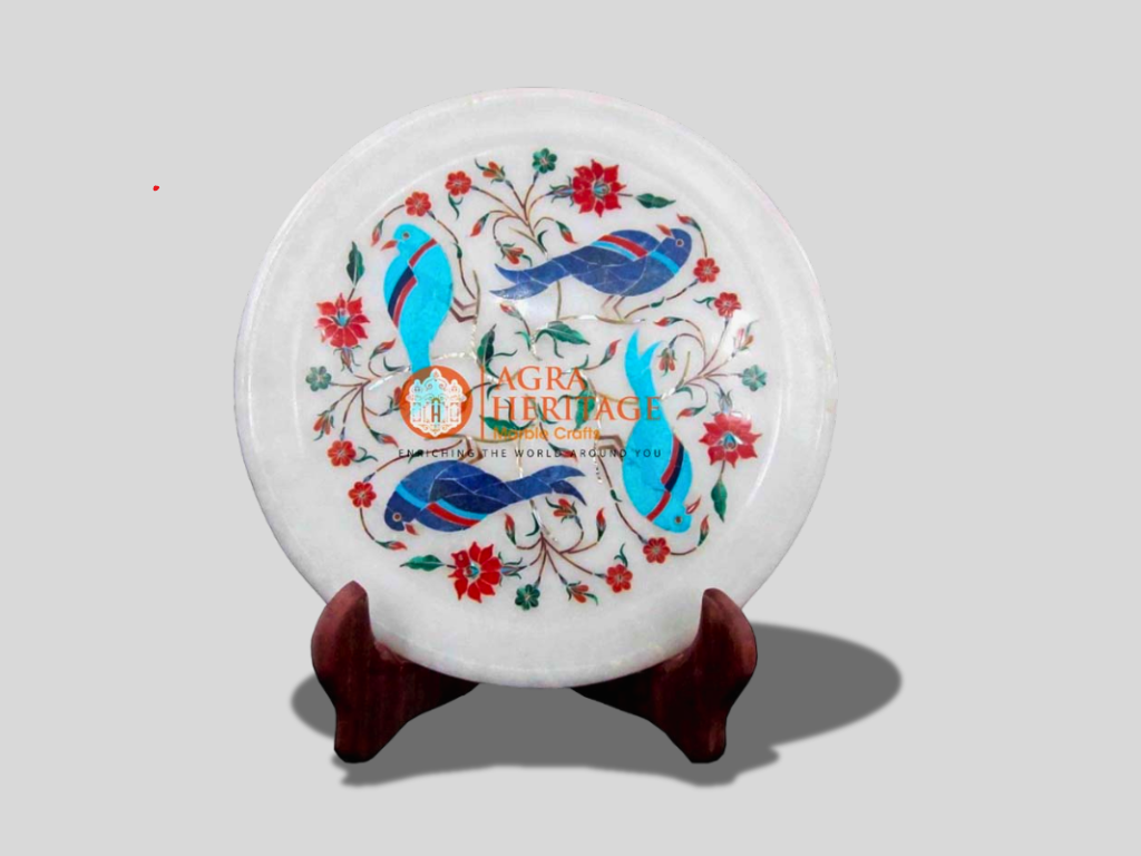 White Marble Parrot Art Turquoise Inlaid Floral Serving Plate